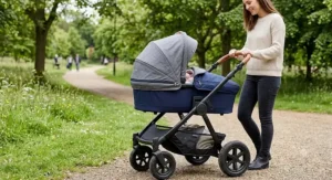 A multi-terrain 3 in 1 travel system from birth setup with a protective hood and apron over the carrycot.