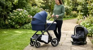 A carrycot pushchair carseat bundle with the lie-flat carrycot attached, suitable for a newborn baby from birth.