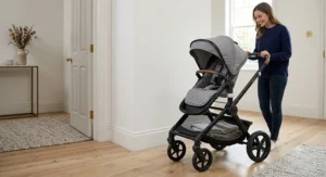 The reversible toddler seat unit attached to a complete newborn travel set pushchair frame, facing the parent.