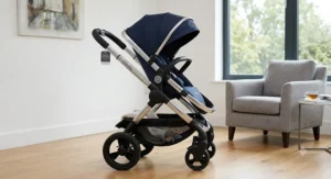 An upright iCandy 3 in 1 travel system pushchair configuration shown in profile for a product review.