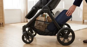 Close-up view of the spacious under-seat shopping basket on a travel system pushchair, filled with baby essentials and shopping bags.