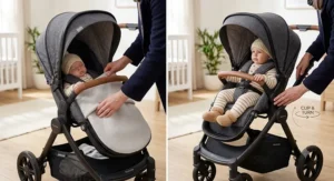 Split illustration showing the reversible seat unit of a travel system pushchair in both parent-facing mode and forward world-facing mode.