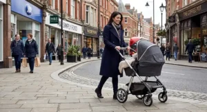 A premium Silver Cross 3 in 1 travel system pram being pushed along a British high street sidewalk.