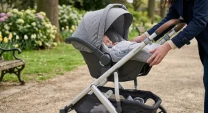An infant car seat securely clicked into the chassis of a versatile 2 in 1 travel system pushchair.