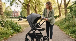 Parent adjusting the handlebar height of a reversible seat pushchair in a park