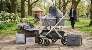 A complete 2 in 1 travel system pushchair bundle including the pram chassis, carrycot, rain cover, and matching changing bag.