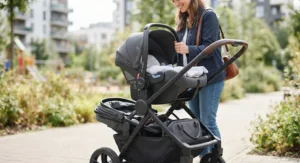 Close-up of a versatile 3-in-1 travel system pram featuring a matching infant car seat for easy transitions, available for under £500.