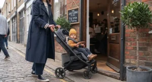 Steering an agile best city pushchair through a narrow doorway of a British coffee shop.