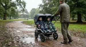 An all-terrain best double pushchair being pushed along a muddy British park path on a rainy day.
