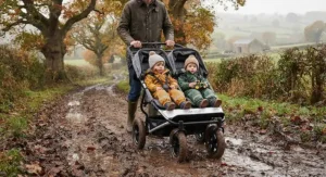 Rugged all-terrain side by side double buggy navigating a muddy autumn path in the countryside