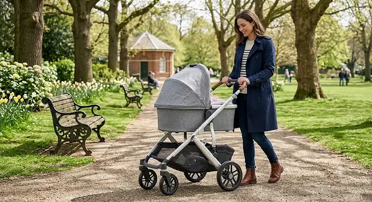 A premium 2 in 1 travel system pushchair in grey, shown in a British park setting with the newborn carrycot attached.