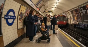 A narrow best city pushchair positioned safely on a crowded London Underground station platform.