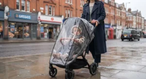 The best city pushchair fitted with a clear rain cover during a typical British drizzle.