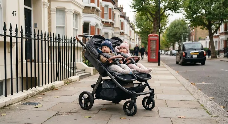 A side-by-side best double pushchair parked on a London pavement, ideal for twins.
