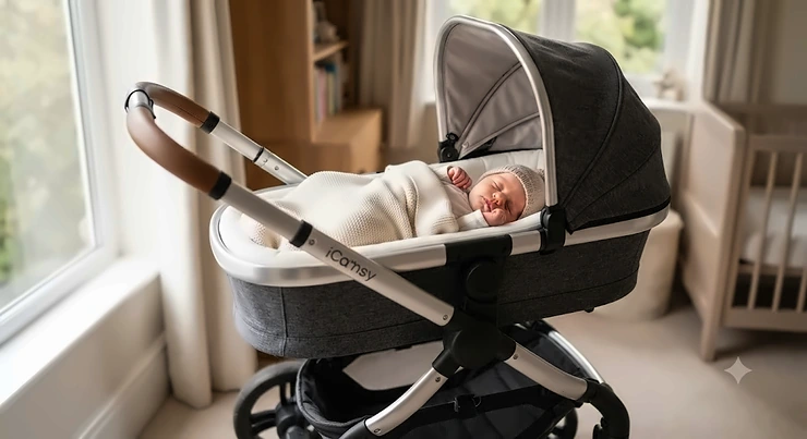 Newborn baby sleeping comfortably in a high-quality lie-flat pram, ensuring proper spinal support.