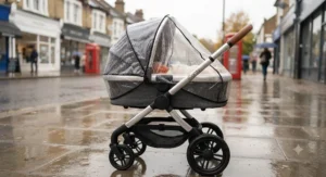 Lie-flat pram featuring an extendable hood providing full weather protection against British rain.