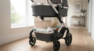 A practical lie-flat pram featuring a spacious shopping basket for daily essentials.