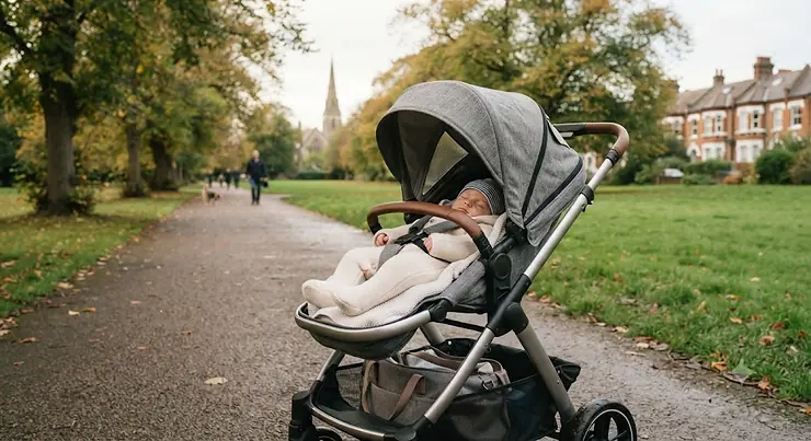 A newborn baby sleeping comfortably in a best lie-flat seat buggy during a walk in a British park