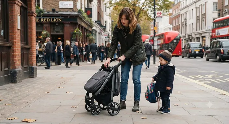A parent folding the best lightweight pushchair on a busy London pavement.