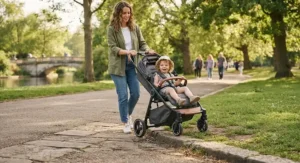 A stylish best travel buggy being manoeuvred easily over a kerb in a park.