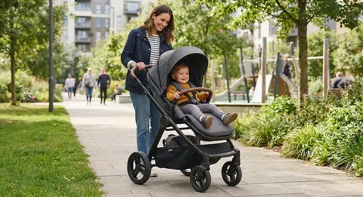 A stylish travel system pushchair suitable for newborns and toddlers, priced under £500, shown in a modern urban park setting.
