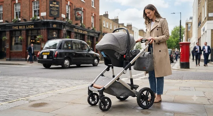 A modern, grey travel system with car seat attached, parked on a London street corner.