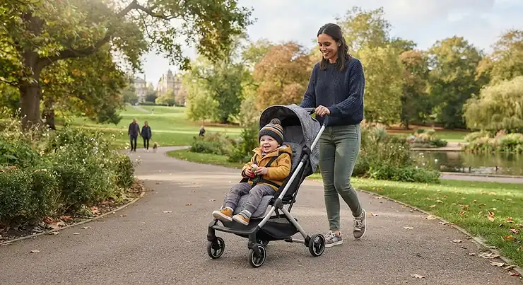 A stylish, lightweight best umbrella fold buggy being used for a walk in a British park