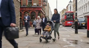 Navigating busy London city pavements with a sturdy best umbrella fold buggy