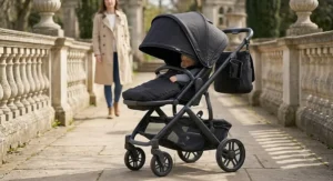 A sleek black 2 in 1 travel system pushchair with a fully reclinable toddler seat and extendable sun canopy.