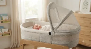 A high-quality carrycot for a newborn featuring breathable fabrics for comfort.