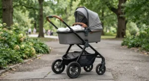 A stylish carrycot for a newborn securely attached to a pushchair chassis.