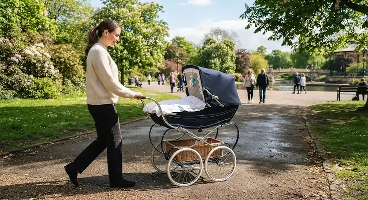 A traditional classic pram for a newborn being pushed along a sunny British park path.