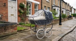 Classic pram for a newborn fitted with a clear rain cover, perfect for British weather.