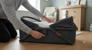 A parent demonstrating how to fold an overnight approved carrycot for easy storage at home.