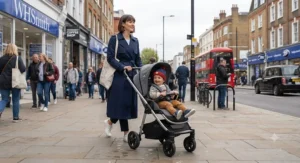 A sleek, narrow forward-facing pushchair maneuvering through a busy urban high street