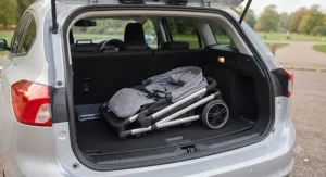 A best umbrella fold buggy folded compactly inside a car boot, ideal for travel