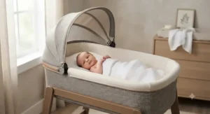 A lie-flat carrycot for a newborn providing essential spinal support.