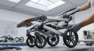 Demonstration of the quick and compact folding mechanism of a modern 2 in 1 travel system pushchair frame.