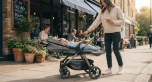 Parent demonstrating the quick one-hand folding mechanism of a best lie-flat seat buggy outside a cafe