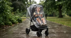 A sturdy forward-facing pushchair fitted with a clear waterproof rain cover for British weather