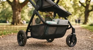 Spacious shopping basket underneath a modern grey reversible seat pushchair