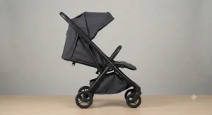 A full side profile studio shot of the lightest pushchair under 6kg in a neutral grey colourway, showcasing its sleek frame.
