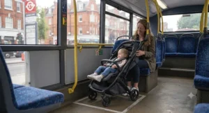The lightest pushchair under 6kg safely stowed in the designated space on a London bus, demonstrating its slim, lightweight design.
