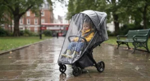 The lightest pushchair under 6kg fitted with a clear protective raincover, ready for unpredictable British weather.