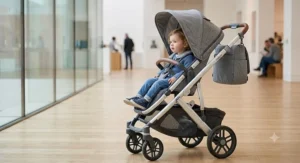 Side view of a compact and lightweight 2 in 1 travel system pushchair converted into the toddler seat mode.