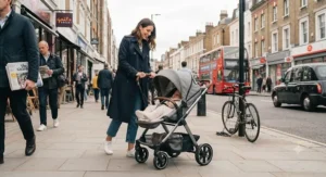 Lightweight best lie-flat seat buggy being pushed along a busy London pavement by a parent