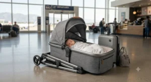 A lightweight carrycot for newborns designed for easy travel and convenience.
