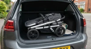 A compact and lightweight best double pushchair folded neatly in the boot of a car.