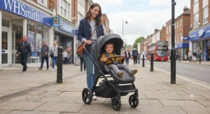 A sleek, lightweight travel system pushchair being navigated through a busy high street, showcasing its ease of use under the £500 price point.