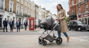 A compact and lightweight travel system with car seat, perfect for navigating busy British city centres.